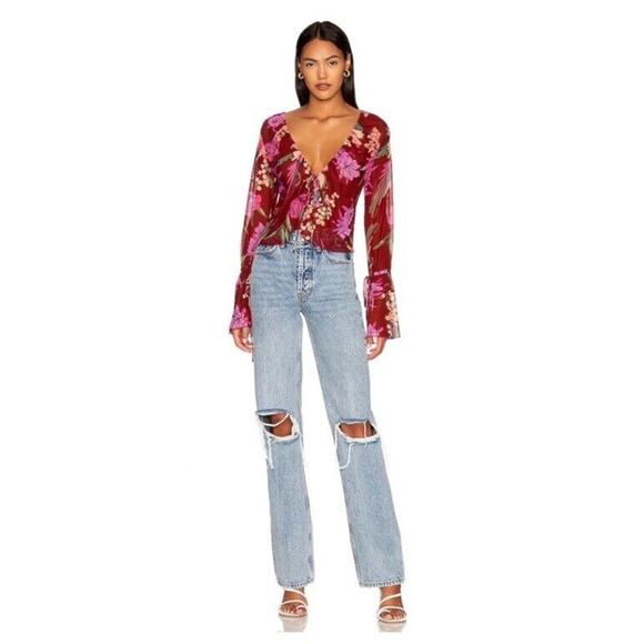 Free People Piece of Paradise Bell Sleeve Floral Mesh V-Neck Blouse Large New e3 - Picture 1 of 15